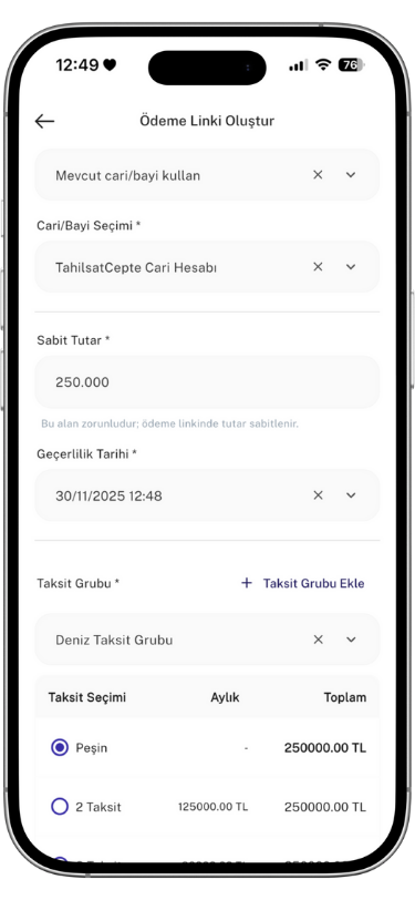 Link ile Tahsilat - Mobil Uygulama Ozelligi